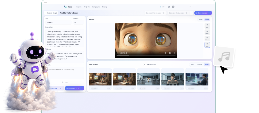Kakis app — the shot editor for a video project, with the Kakis mascot
