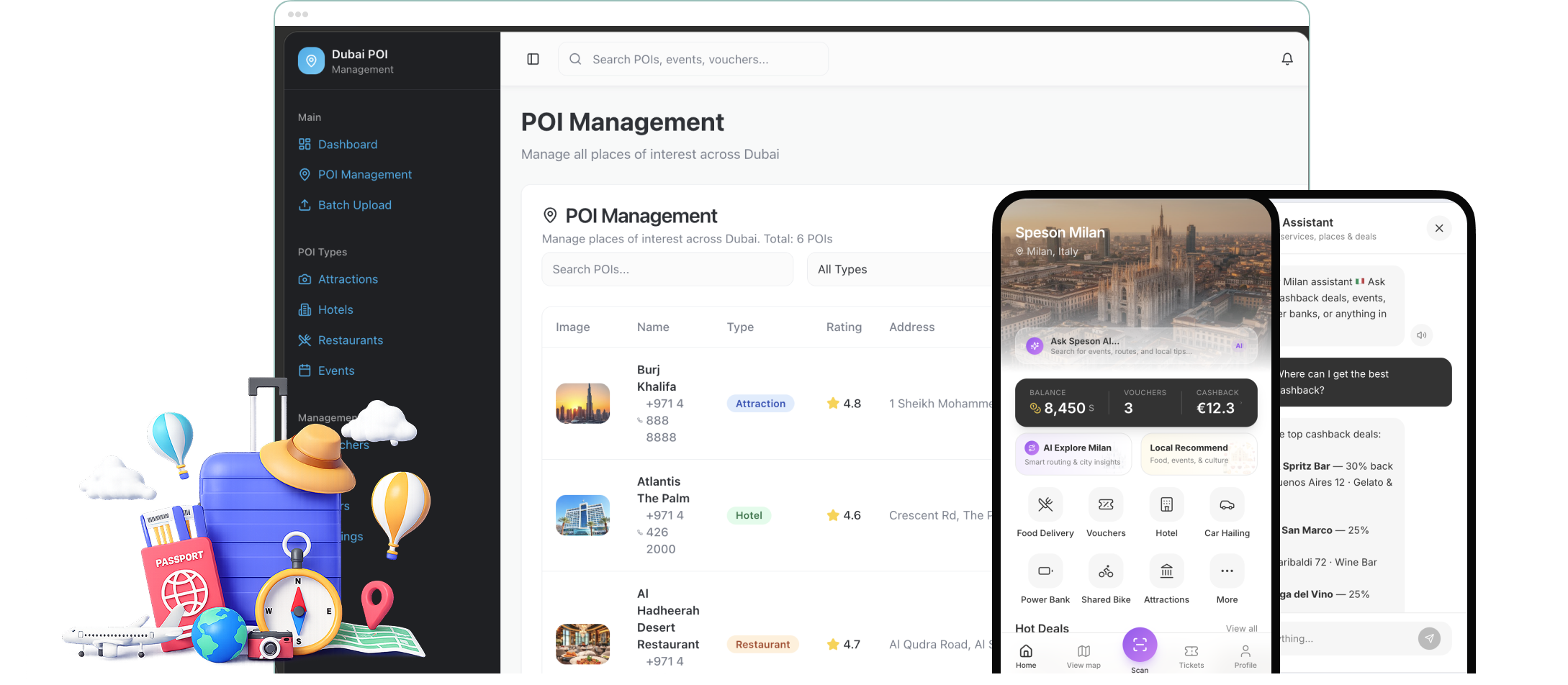 Fooyo Smart Tourism — POI management dashboard and the visitor mobile app with an AI destination assistant