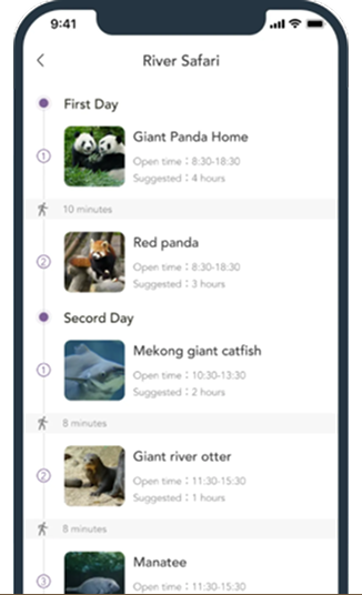 Fooyo visitor app — multi-day River Safari itinerary with routes and timings