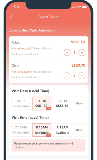 Fooyo visitor app — attraction ticket selection with date and time slots